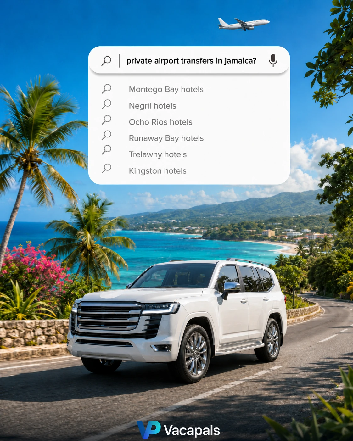 Vacapals Jamaica travel graphic showing airport transfer search results, a private vehicle, and a tropical coastline
