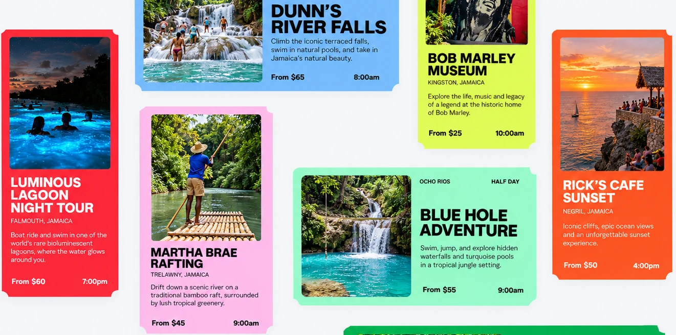 A three-panel Jamaica travel poster triptych featuring Negril, Dunn’s River Falls, and Kingston beneath the Blue Mountains